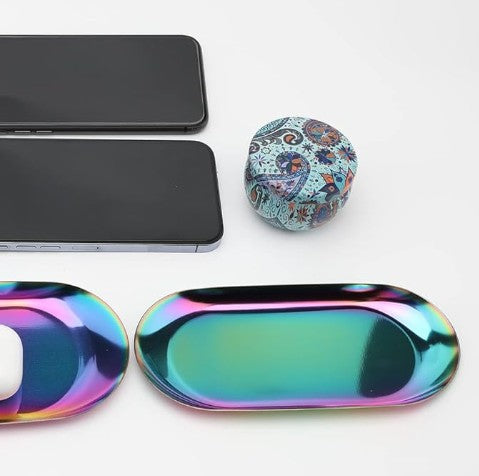 Stainless Steel Decorative Tray, Set of 2, 7 Inch Long, Jewelry Dish Cosmetics Organizer Bathroom Clutter Serving Platter Small Storage Tray, Oval, Holographic