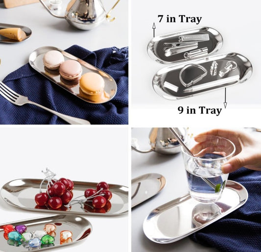 Stainless Steel Decorative Tray, Set of 2, 7 Inch Long, Jewelry Dish Cosmetics Organizer Bathroom Clutter Serving Platter Small Storage Tray, Oval, Holographic