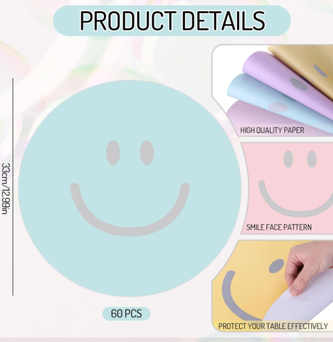 Smiley Happy Disposable Decorative Face Paper Placemats for Home Kitchen Birthday Weddings Parties 40 Pack