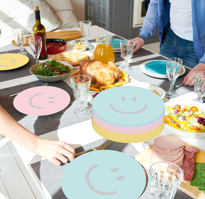 Smiley Happy Disposable Cotton Rope Cork Coasters Decorative Face Paper Placemats for Home Kitchen Birthday Weddings Parties 4-40 Pack