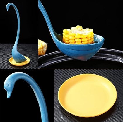 Swan Shaped Soup Ladle Kitchen Spoon White Black Pink Blue Design with Resting Holder