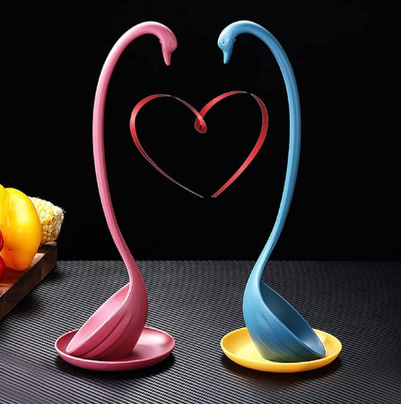 Swan Shaped Soup Ladle Kitchen Spoon White Black Pink Blue Design with Resting Holder