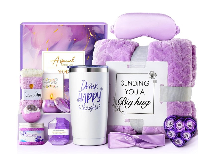 Spa Lavender Rose Natural Camomile Scented Candle Mask Blanket Socks Notebook Soaps Salt Wine glass Jewelry Gift Basket Set for Birthday Mothers Day Wife loved One Gift