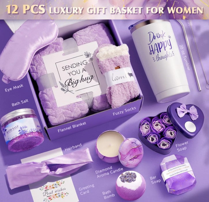 Spa Lavender Rose Natural Camomile Scented Candle Mask Blanket Socks Notebook Soaps Salt Wine glass Jewelry Gift Basket Set for Birthday Mothers Day Wife loved One Gift
