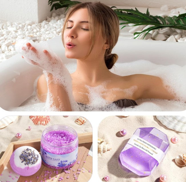 Spa Lavender Rose Natural Camomile Scented Candle Mask Blanket Socks Notebook Soaps Salt Wine glass Jewelry Gift Basket Set for Birthday Mothers Day Wife loved One Gift