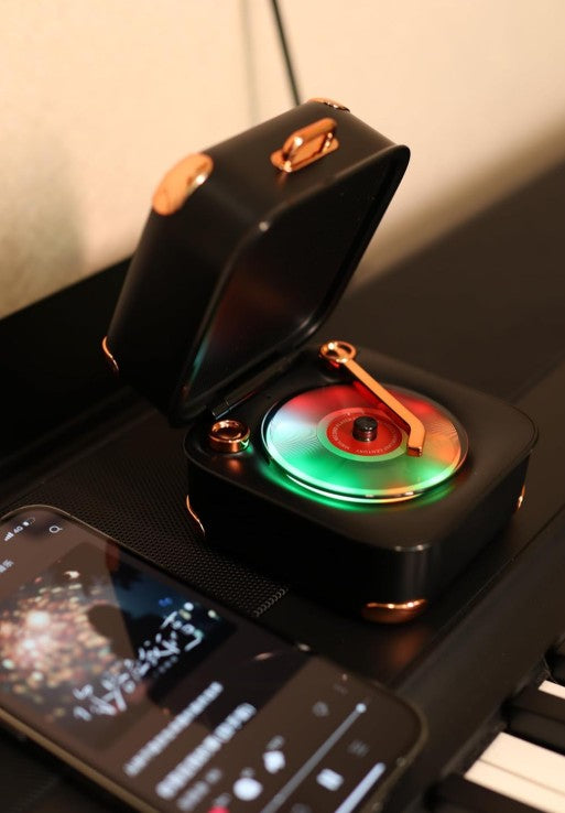 Mini Unique Design Boombox, Vinyl Record Player FM Radio Retro Car with LED Bluetooth Speaker w/Enhanced FM Radio for Home and Outdoor Decor