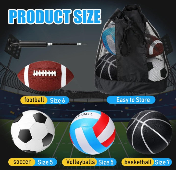 4 Pcs Sport Balls Set Official Size Athletic Balls Include Soccer, Football, Basketball, Volleyball for Indoor Outdoor Game Activities with Mesh Bag and Pump