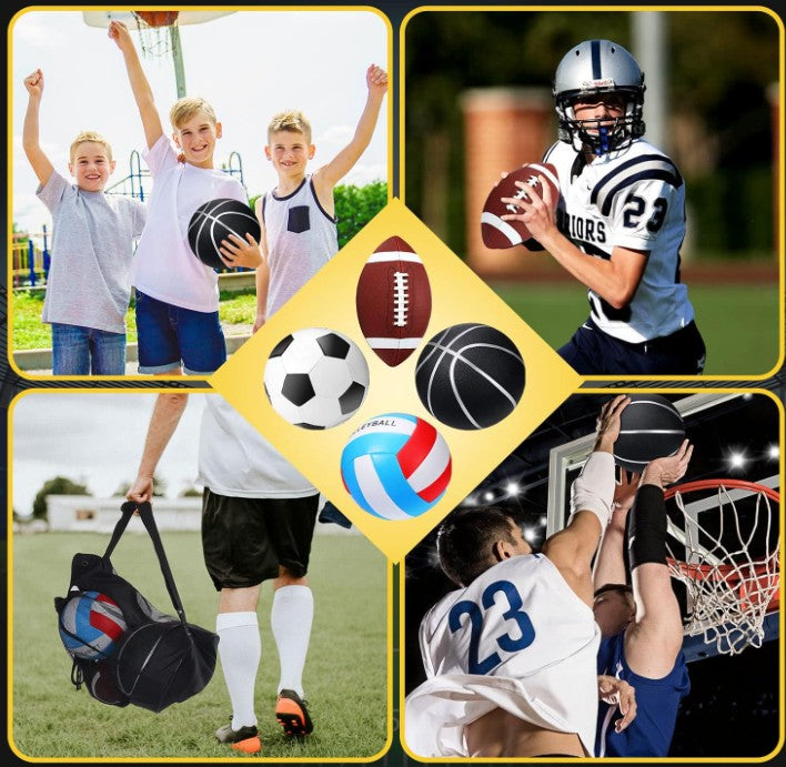 4 Pcs Sport Balls Set Official Size Athletic Balls Include Soccer, Football, Basketball, Volleyball for Indoor Outdoor Game Activities with Mesh Bag and Pump