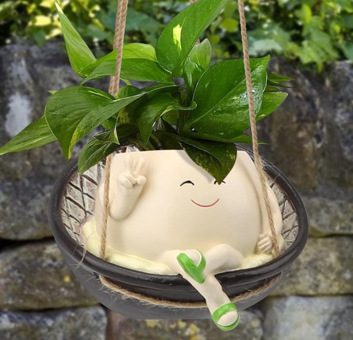 Unique Hanging Indoor Outdoor Resin Swinging Smiley Face Planter Pots Head with Drainage Hole