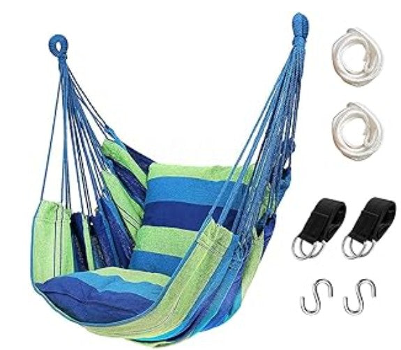 Portable Indoor-Outdoor Colorful Woven Fabric Hammock Chair Swing with Storage Bag Pillows and Straps