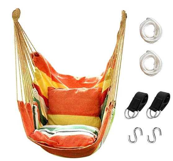 Portable Indoor-Outdoor Colorful Woven Fabric Hammock Chair Swing with Storage Bag Pillows and Straps