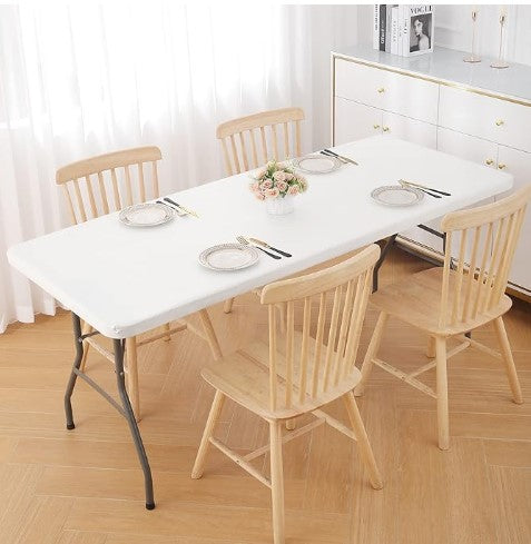 Elastic Fitted Flannel Backed Vinyl Waterproof Wipeable Rectangle Tablecloth for 6ft Folding Tables Indoor Outdoor Picnic Parties and Camping