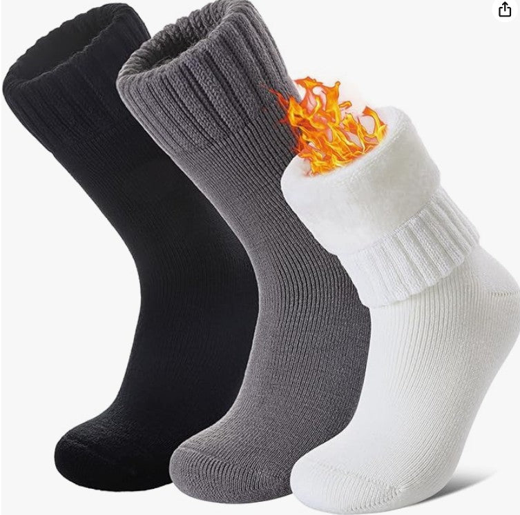Winter Outdoor Thermal Thick Fur Lined Elastic Soft Self-Heating Anti Slip Socks for Men Women Kids 1-3 Pair Pack