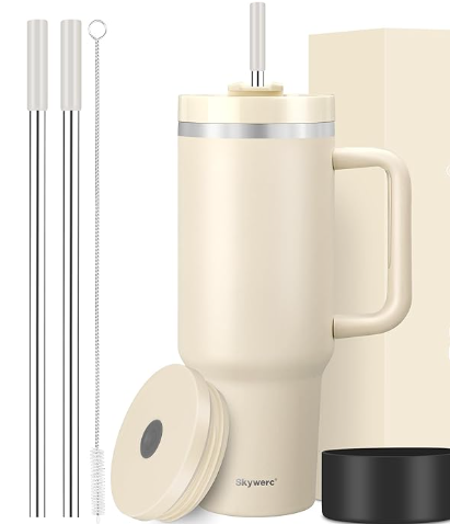 40 oz Double Wall Insulated Stainless Steel Tumbler Stanley Inspired with Handle and 2 Straws LeakProof Lids Water Bottle Travel Coffee Mug with Gift Box