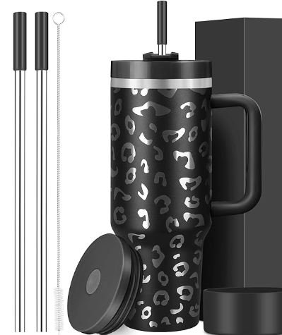 40 oz Double Wall Insulated Stainless Steel Tumbler Stanley Inspired with Handle and 2 Straws LeakProof Lids Water Bottle Travel Coffee Mug with Gift Box
