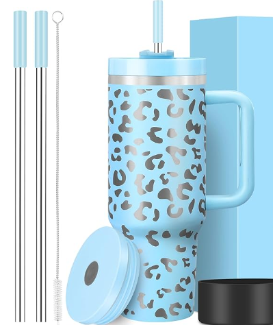 40 oz Double Wall Insulated Stainless Steel Tumbler Stanley Inspired with Handle and 2 Straws LeakProof Lids Water Bottle Travel Coffee Mug with Gift Box