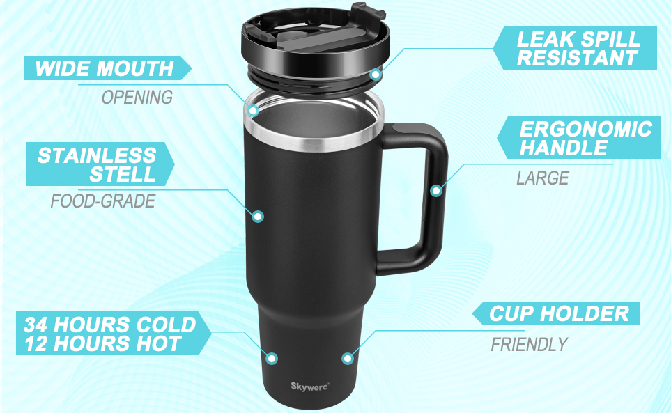 40 oz Double Wall Insulated Stainless Steel Tumbler Stanley Inspired with Handle and 2 Straws LeakProof Lids Water Bottle Travel Coffee Mug with Gift Box