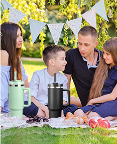40 oz Double Wall Insulated Stainless Steel Tumbler Stanley Inspired with Handle and 2 Straws LeakProof Lids Water Bottle Travel Coffee Mug with Gift Box