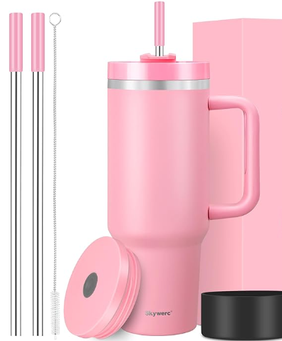 40 oz Double Wall Insulated Stainless Steel Tumbler Stanley Inspired with Handle and 2 Straws LeakProof Lids Water Bottle Travel Coffee Mug with Gift Box