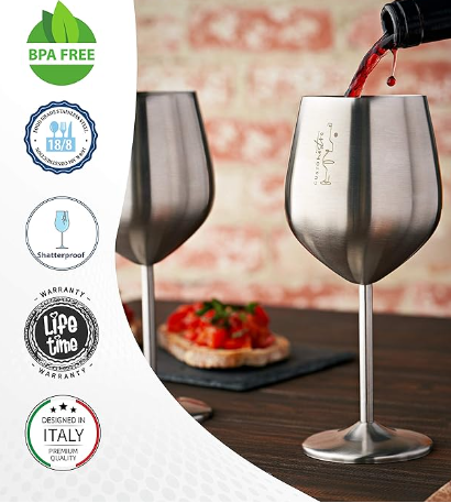 Stainless Steel Metal Liquor Bottle Spouts with Stemmed Wine Cocktail Glass Sets