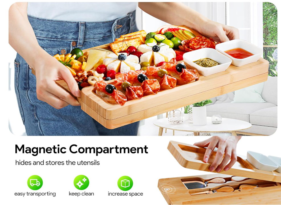 Creative Bamboo Wooden Bridge Leaf Sushi Bakery Cheese Charcuterie Pumpkin Cofin Board with Knife Serving Tray Set