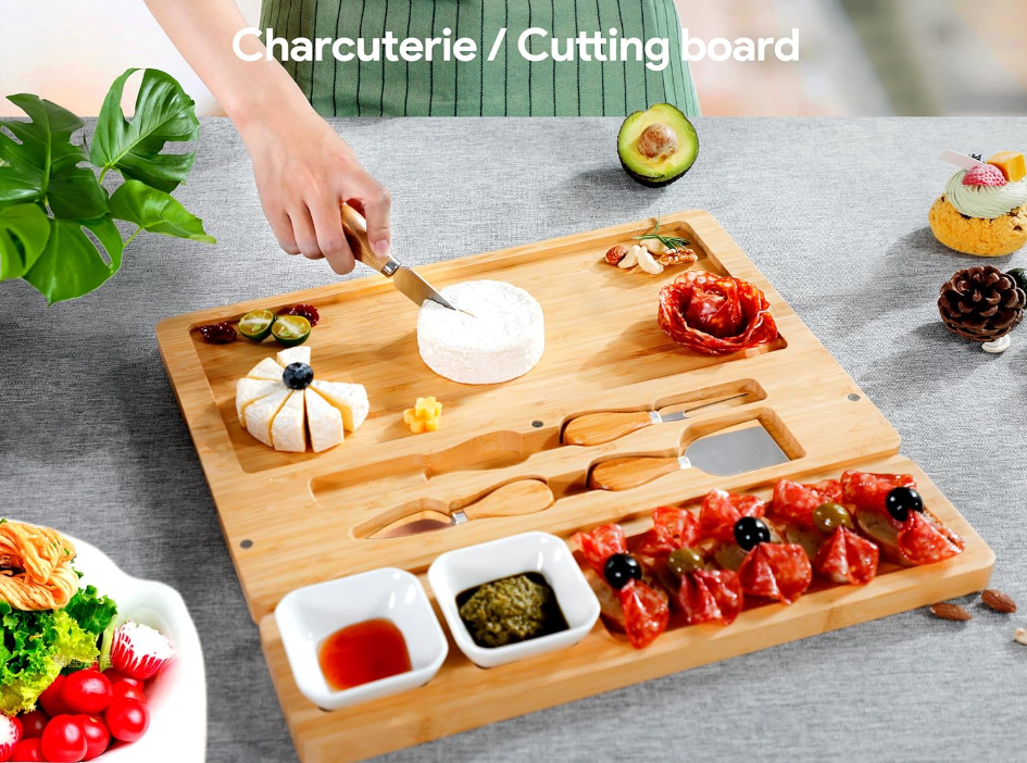 Creative Bamboo Wooden Bridge Leaf Sushi Bakery Cheese Charcuterie Pumpkin Cofin Board with Knife Serving Tray Set for Kitchen Decor Haloween Parties