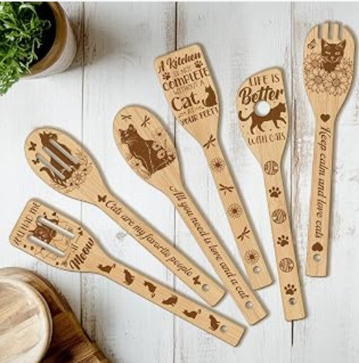 Multipurpose Smiley Heart Face Guitar Music Animals Golf Cats Cherry Wood Cast Scraper Wooden Spoons for Cooking 5 Piece Spatula Set