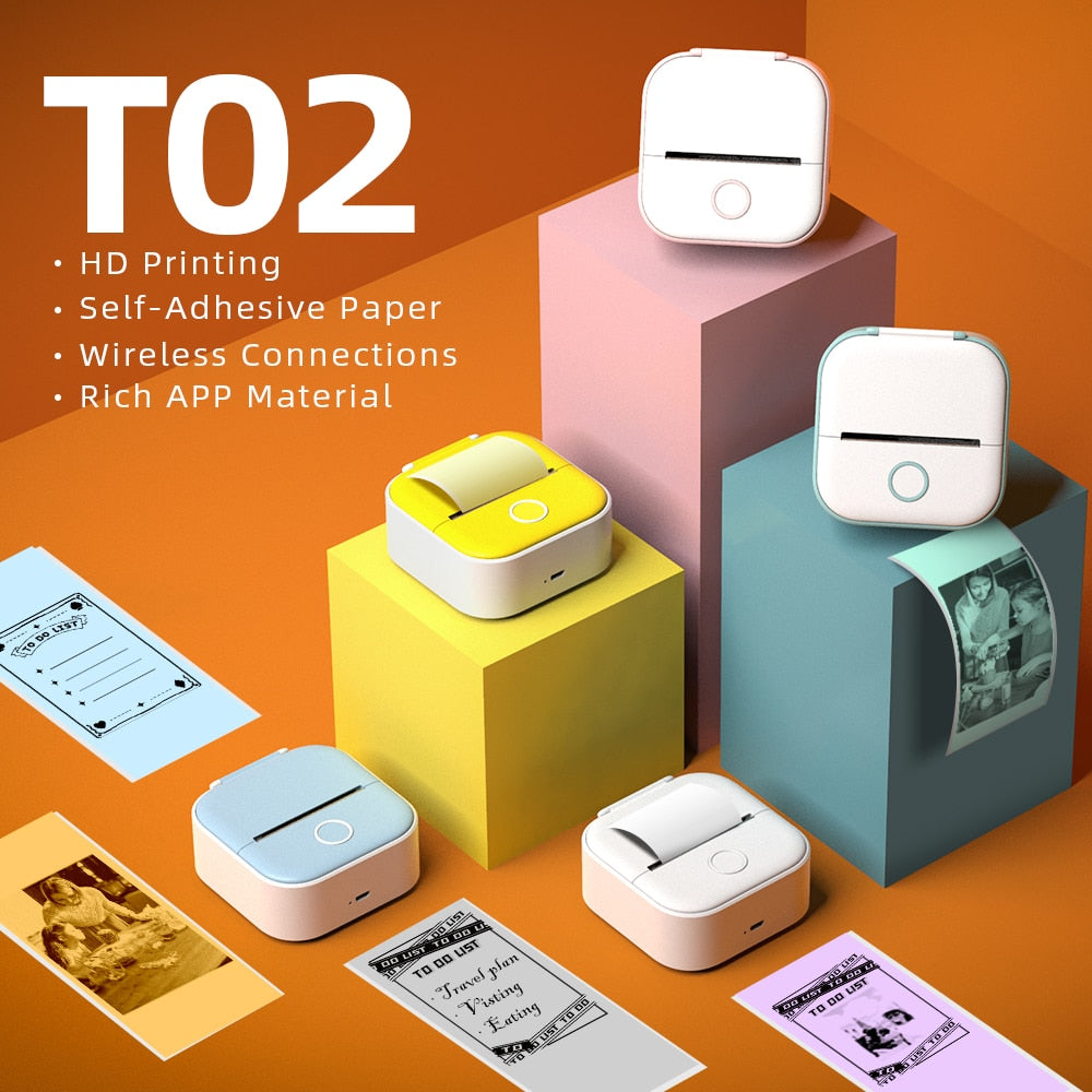 Mini Thermal Wireless T02 Pocket Inkless Printer for Crafting Recipes School Work with Self-adhesive Color White Paper