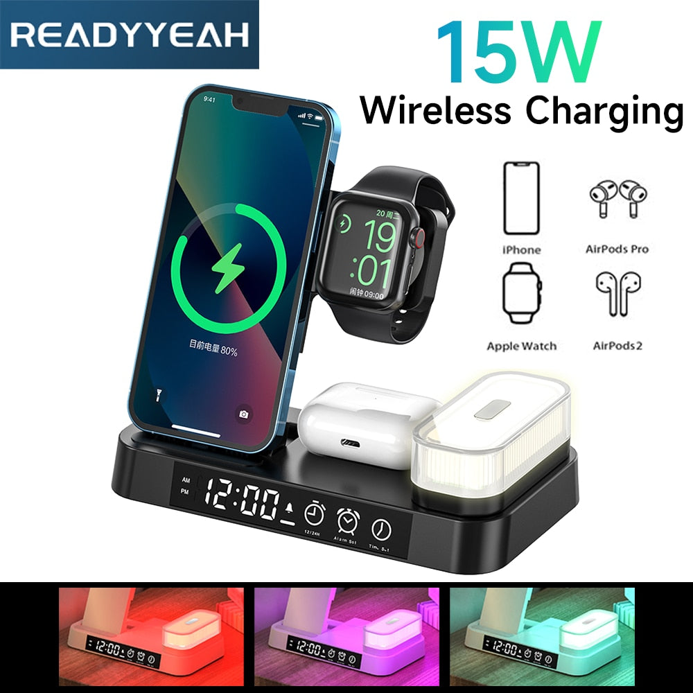 4 in 1 Foldable Multifunction Wireless Charging Station with Alarm Clock Display for iPhone Samsung Apple Watch Air Pods Charger with 7 Colors RGB Night Light