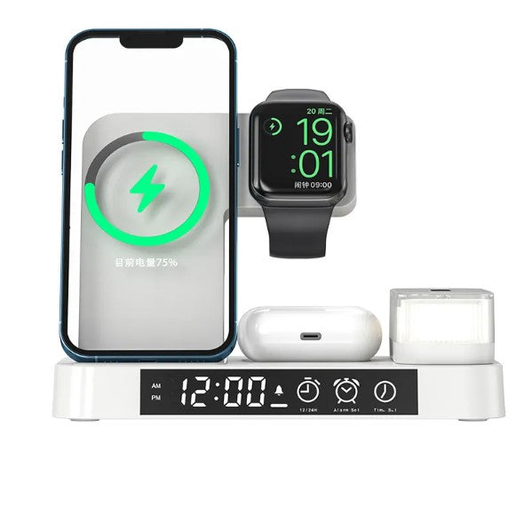 4 in 1 Foldable Multifunction Wireless Charging Station with Alarm Clock Display for iPhone Samsung Apple Watch Air Pods Charger with 7 Colors RGB Night Light