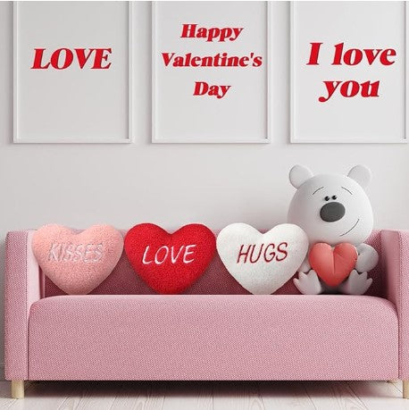 3 Pcs Valentine's Day Pillows 11.8'' Decorative Heart Love Hugs Kisses Shaped Embroidered Pillows for Sofa Red White Pink Throw Pillows Cute Love Cushion