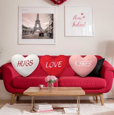 3 Pcs Valentine's Day Pillows 11.8'' Decorative Heart Love Hugs Kisses Shaped Embroidered Pillows for Sofa Red White Pink Throw Pillows Cute Love Cushion