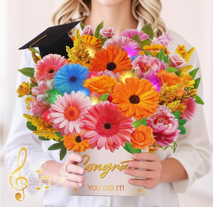 3D Large Paper Pop-Up Music Light Flower Rose Sunflower Tulip Bouquet Greeting Graduation Heart Mothers Day Card with Envelope