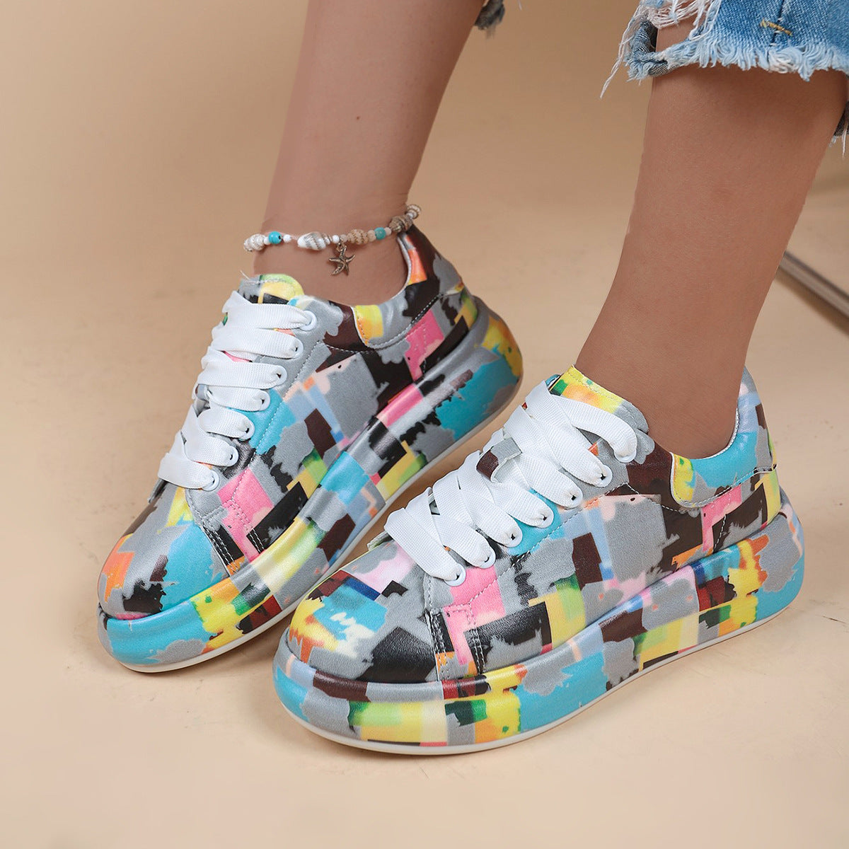 Cartoon Print Fashion Trendy Graffiti Halloween Colorful Lace up Platform Unisex Sneakers Shoes