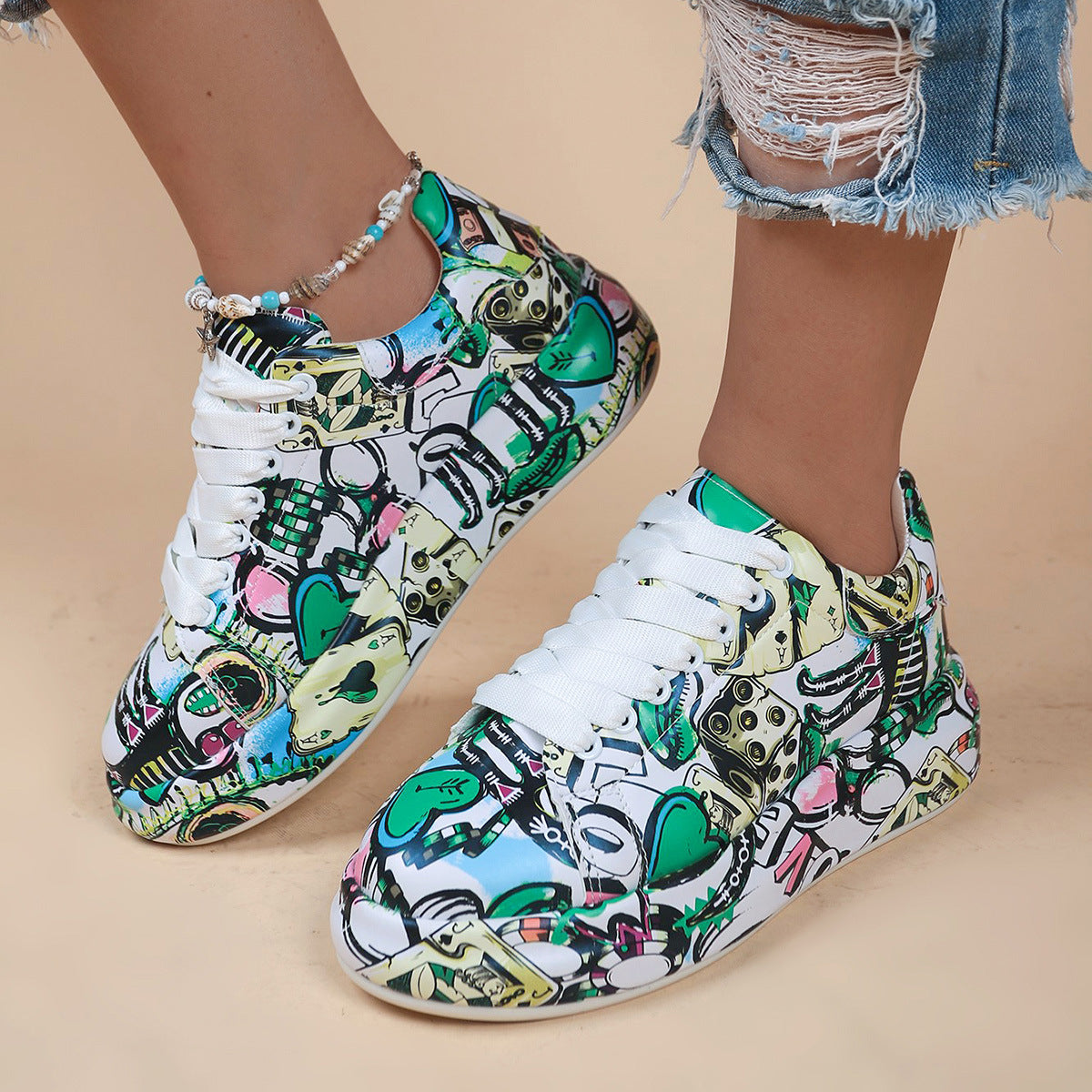 Cartoon Print Fashion Trendy Graffiti Halloween Colorful Lace up Platform Unisex Sneakers Shoes