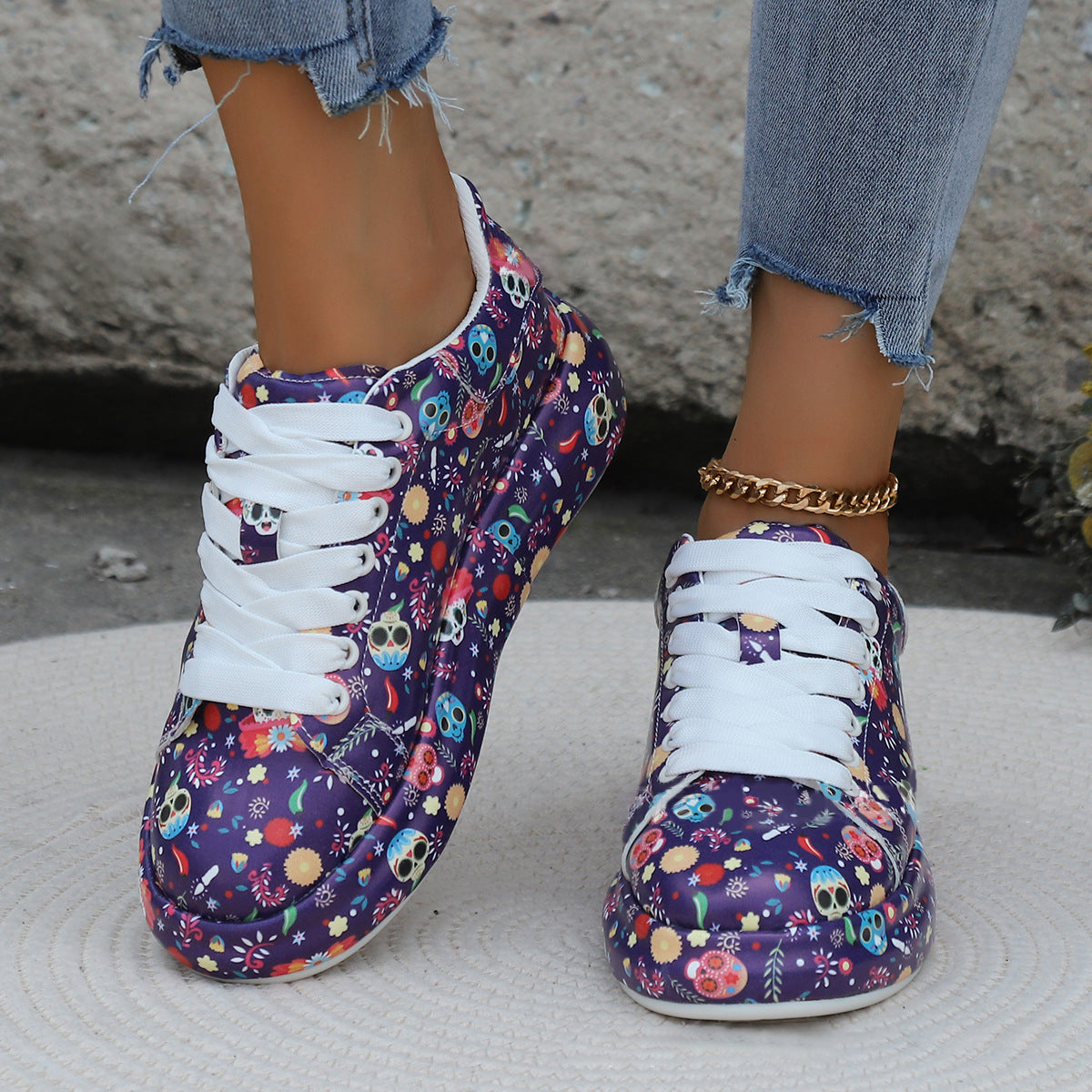 Cartoon Print Fashion Trendy Graffiti Halloween Colorful Lace up Platform Unisex Sneakers Shoes