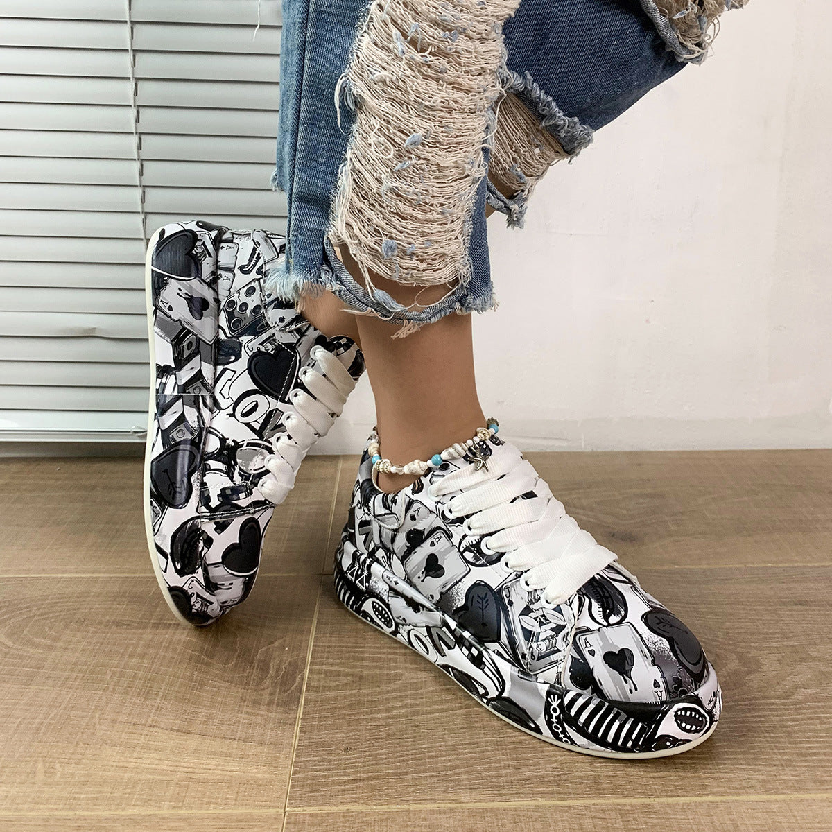 Cartoon Print Fashion Trendy Graffiti Halloween Colorful Lace up Platform Unisex Sneakers Shoes