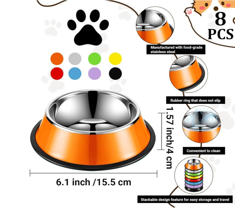 8 Pcs Stainless Steel Dog Bowl 7 oz Stackable Pet Food Water Bowl with Rubber Base Non-Slip Pet Dishes Metal Dog Bowls