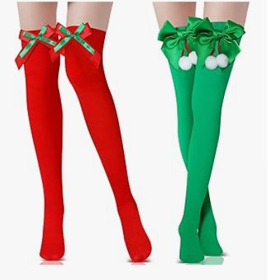 Fun Women Christmas Santa Elf Thigh High Fuzzy Stripped Red Green Socks Cute Cartoon over Knee Fluffy Striped Stockings Winter Leg Warmers