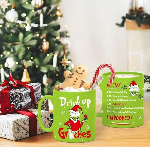 Christmas Cups Elf Santa Shoe Snowman GRINCH Resting Grinch Face Heat Reactive Color Changing Tea Coffee Mug Cup 12-20 Oz.