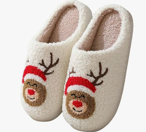 Cute Soft Plush Fur Non-Slip Cartoon Red and Green Christmas Reindeer Grinch House Slip on Slippers for Men and Women Kids