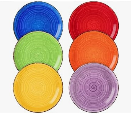 7.5 - 10.5 Inch Dinner Red Yellow Orange Purple Blue Green Ceramic Plate Six Set Large Dinner Dessert Salad Dinner ware for Kitchen and Dishwasher Safe, Multicolor
