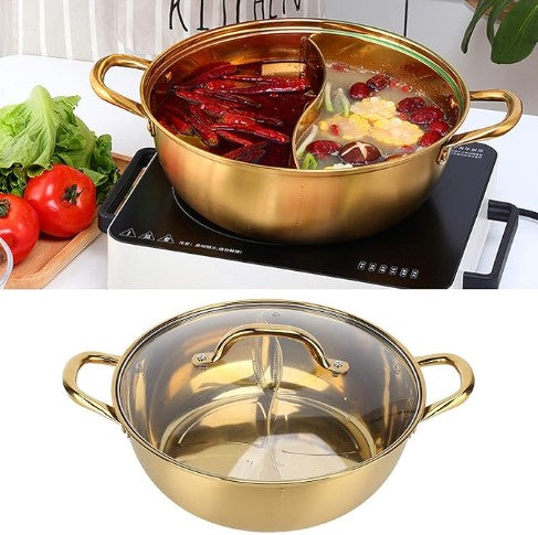 Gold Silver Stainless Steel 304 Dual Side Chambers Hot Shabu Pot Induction Cookware with Glass Lid and Serving Spoons