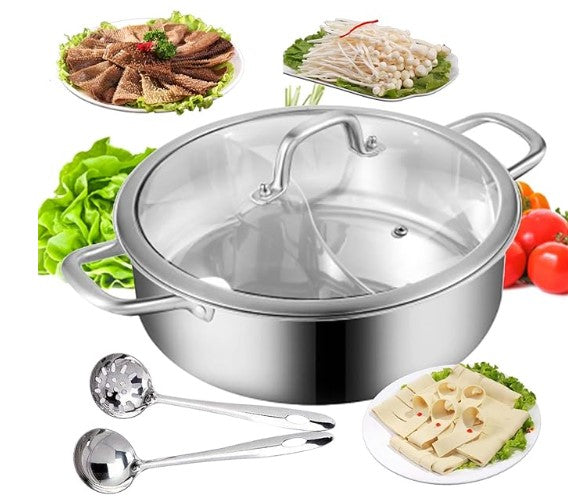 Gold Silver Stainless Steel 304 Dual Side Chambers Hot Shabu Pot Induction Cookware with Glass Lid and Serving Spoons