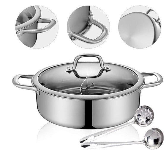 Gold Silver Stainless Steel 304 Dual Side Chambers Hot Shabu Pot Induction Cookware with Glass Lid and Serving Spoons