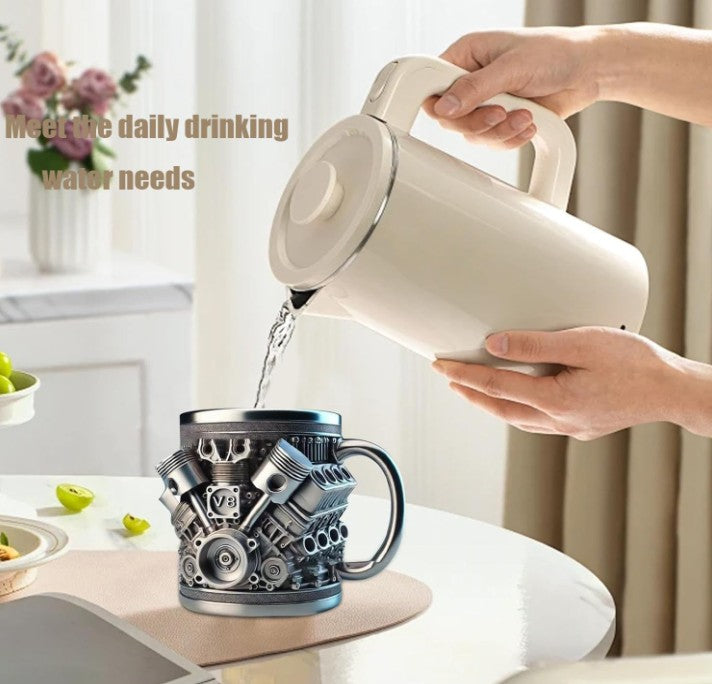 Unique V8 Stainless Steel Engine Tools Tires Spark Plug Diesel Fuel Designed Coffee Tea Beverage Water Mug for Car Enthusiasts, 3D Metal Mechanical Design, Stainless Steel, Novelty Gift for Mechanics and Car Truck Fans