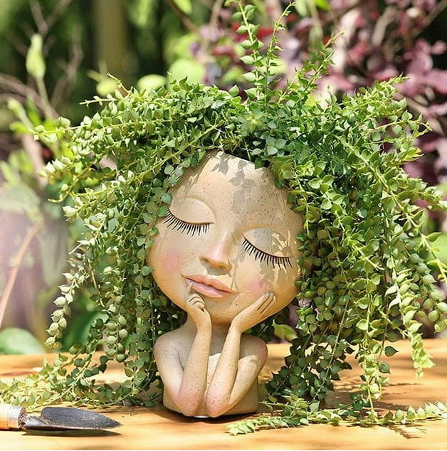 Cute Face Head Planter Succulent Resin Flowerpot Garden Decoration with Drain Holes