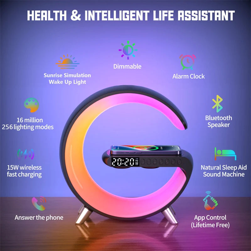 4 in 1 Atmosphere New Intelligent LED Wireless Bluetooth Speaker Alarm Clock I Phone Charger Sleep Assist Smart Sound Music Night Lamp Machine