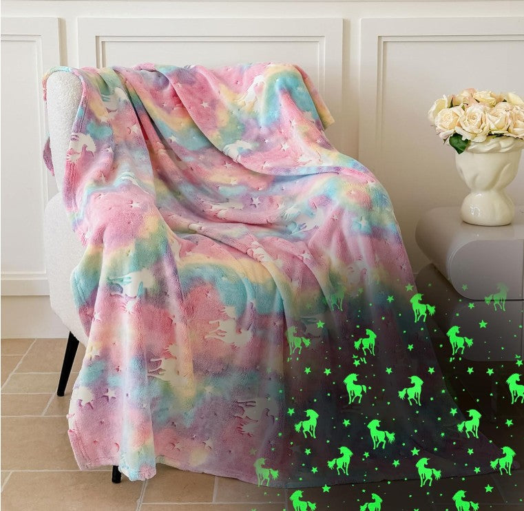 Glow in The Dark Soft Warm Fleece Flannel Linen Kids Unicorn Dinosaur Printed Couch Sofa Bed Spread Blankets