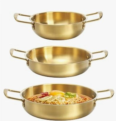 Set of 3 Korean Ramen Noodle Pot with Handles, Stainless Steel Everyday Pan, Golden Korean Cooking Pot for Soup, Noodle, Pasta, Home and Outdoor, Dishwasher Safe, Size 7", 8.7", 9.5"